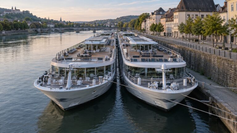 Two river cruise ships double docked at city quay
