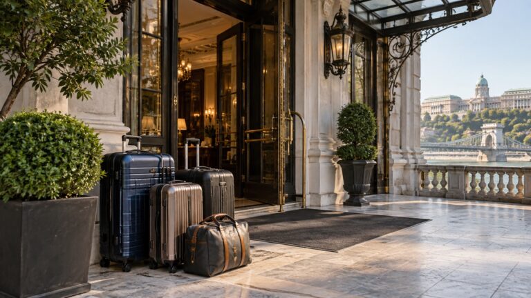 Packed suitcases beside an empty hotel lobby entrance before a river cruise transfer
