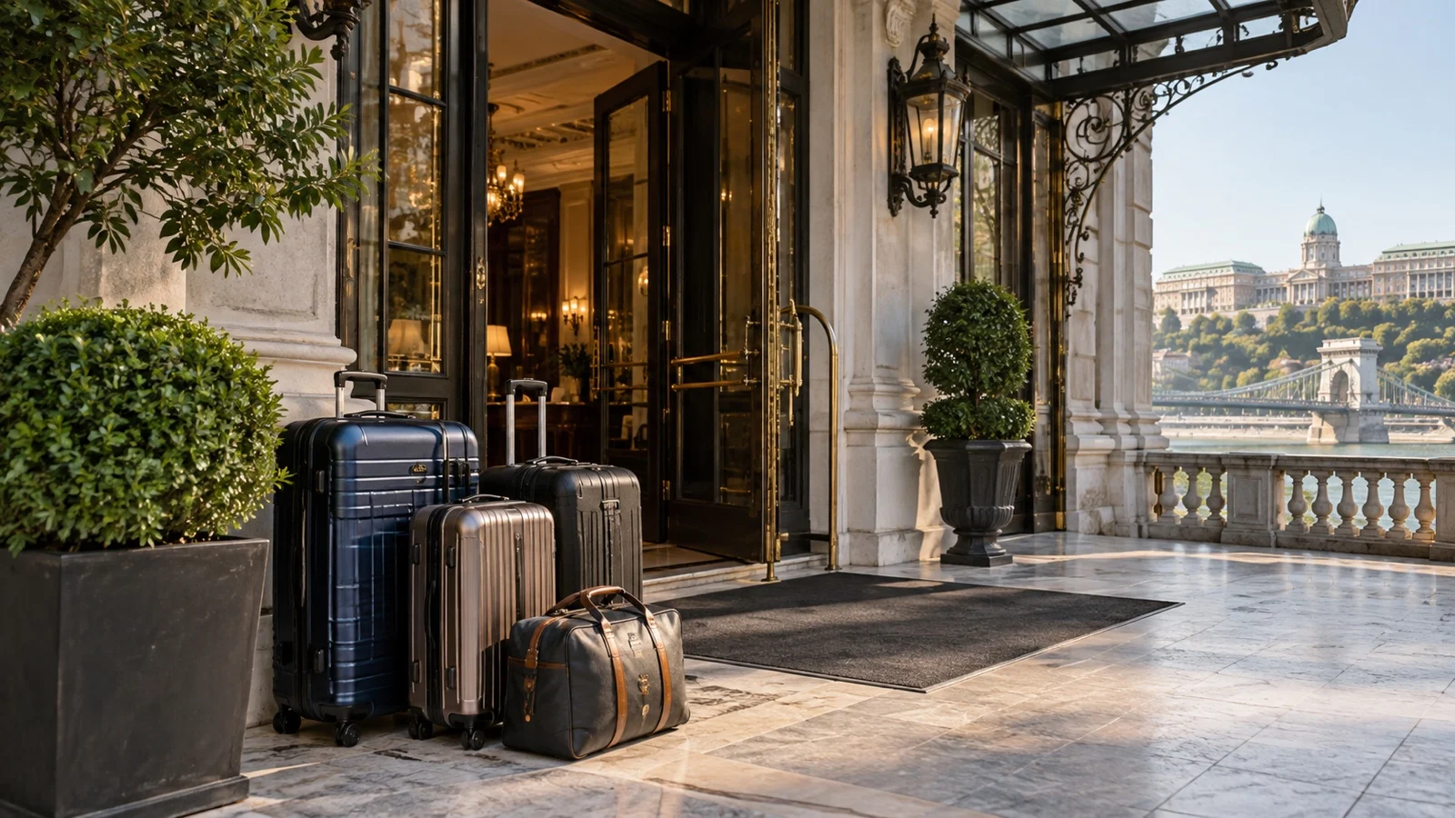 Packed suitcases beside an empty hotel lobby entrance before a river cruise transfer