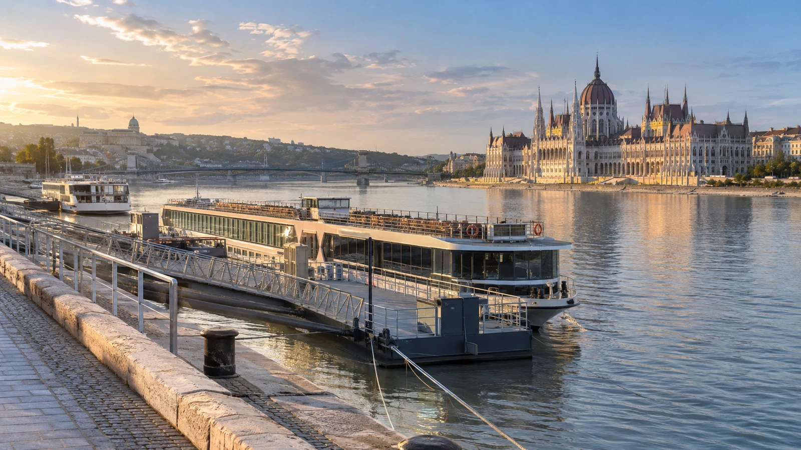Budapest Danube river cruise quay with Parliament in distance