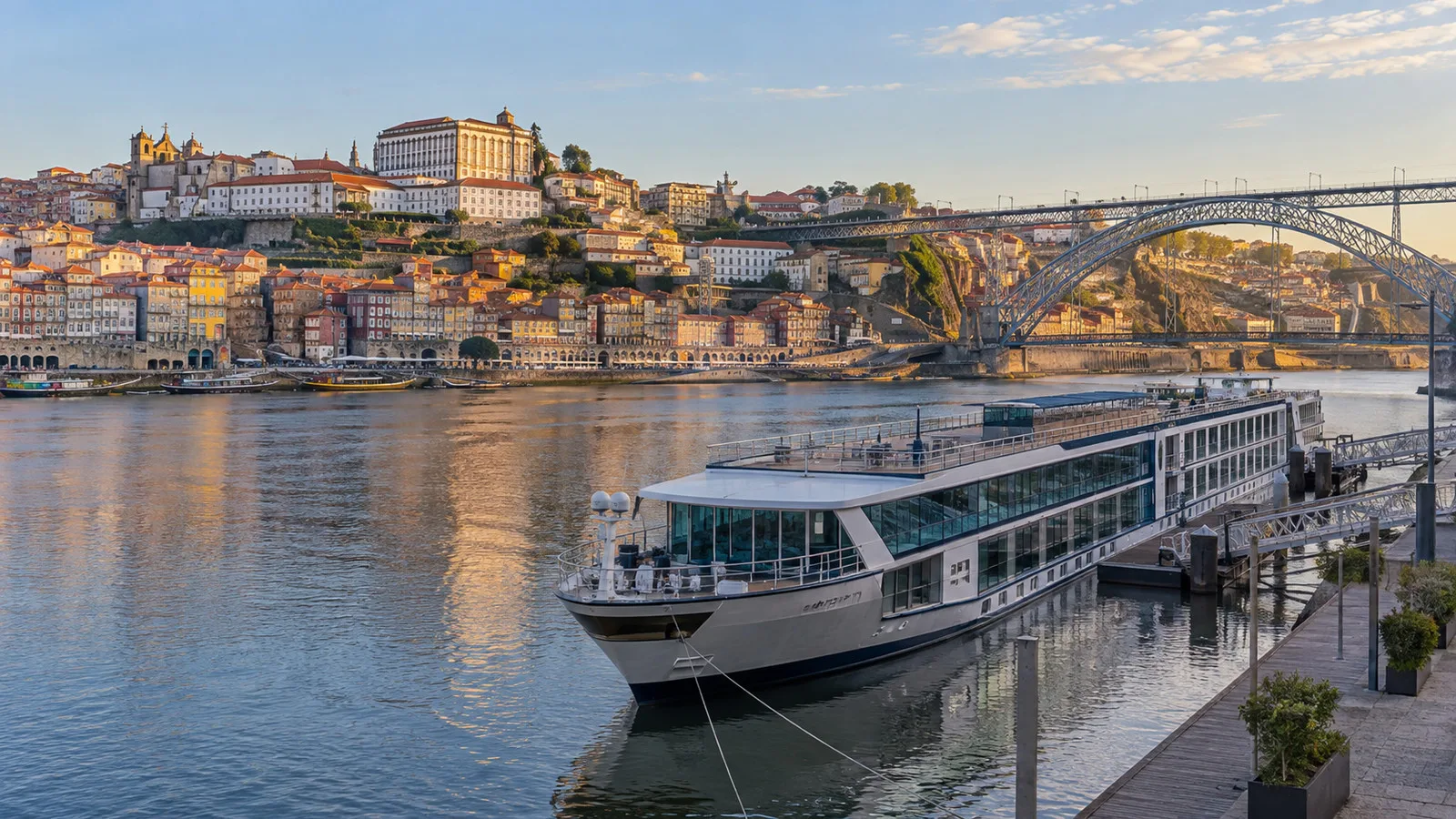Douro cruise ship moored at Vila Nova de Gaia across from Porto