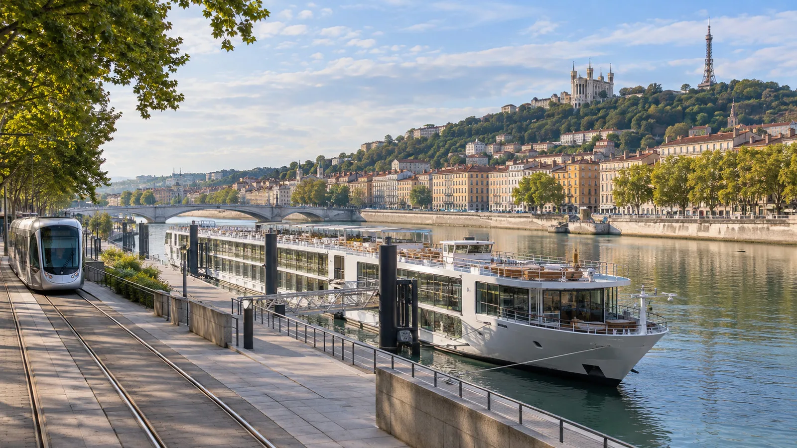 Lyon Rhône river cruise berth with tram tracks and city beyond