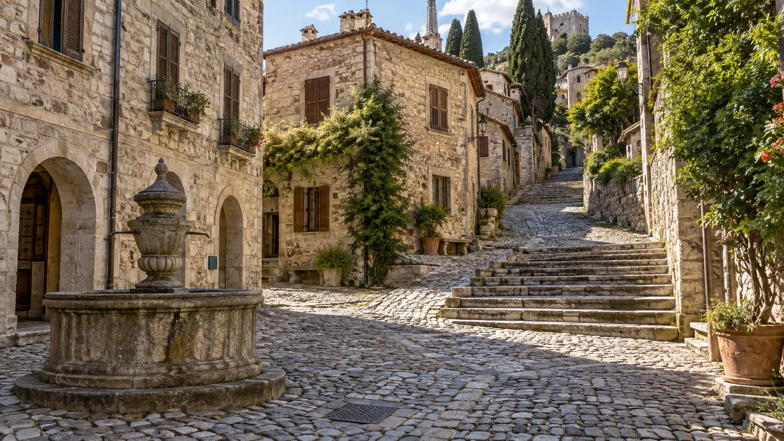 a cobblestone old-town square with steep stone steps and an empty uphill lane, illustrating a more demanding excursion route