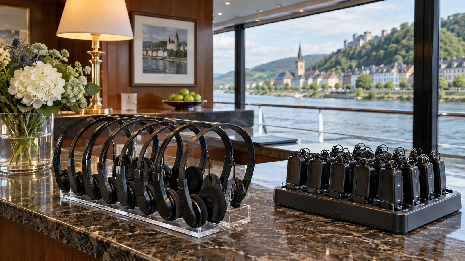 a neatly arranged set of wireless tour-guide headsets and receivers on a polished river ship reception desk