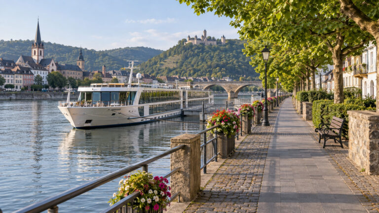 a quiet level riverside promenade beside a moored river cruise ship in a European old town, illustrating a gentle walking excursion route