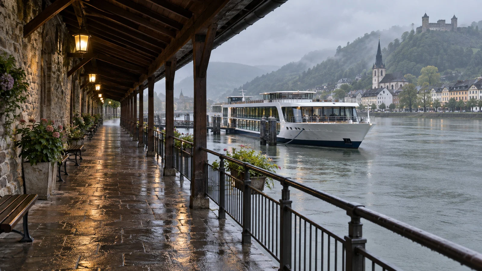 an empty covered riverside path and moored river cruise ship under light rain, illustrating weather-aware excursion choices