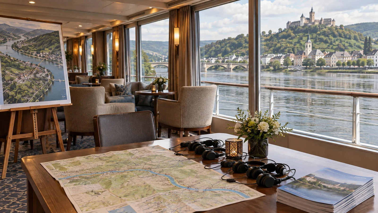 an empty river cruise ship lounge set for the daily excursion briefing, with a route map and headsets on a table