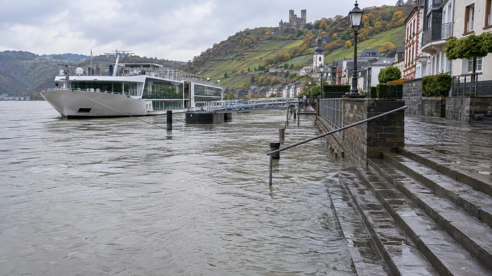 High river water covering cruise quay steps