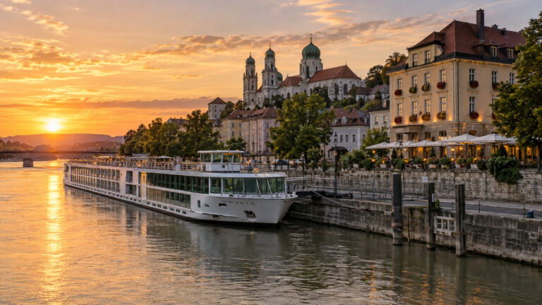 a river cruise ship moored beside an old European city at golden hour with a nearby boutique hotel, illustrating a land extension