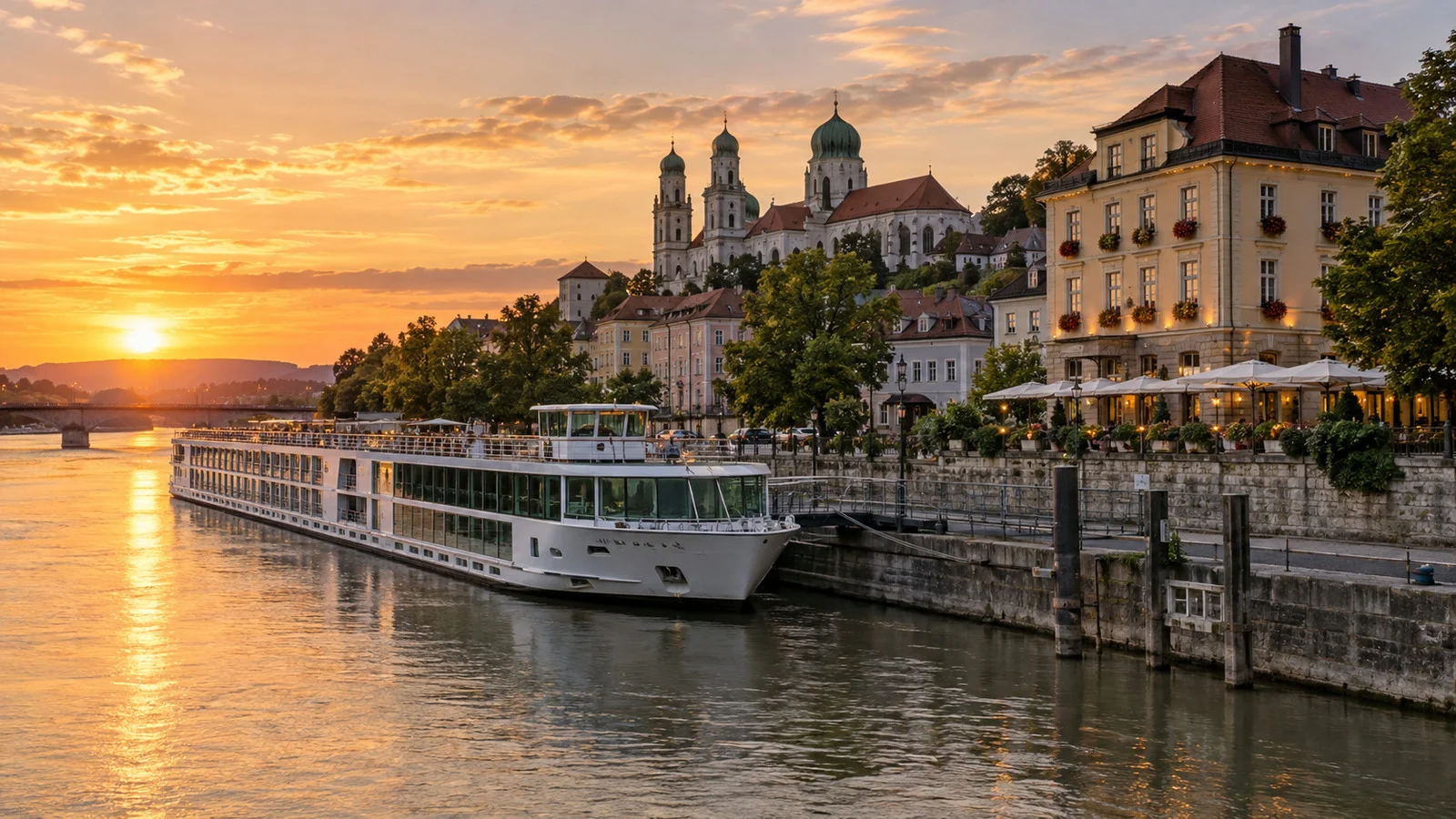 a river cruise ship moored beside an old European city at golden hour with a nearby boutique hotel, illustrating a land extension