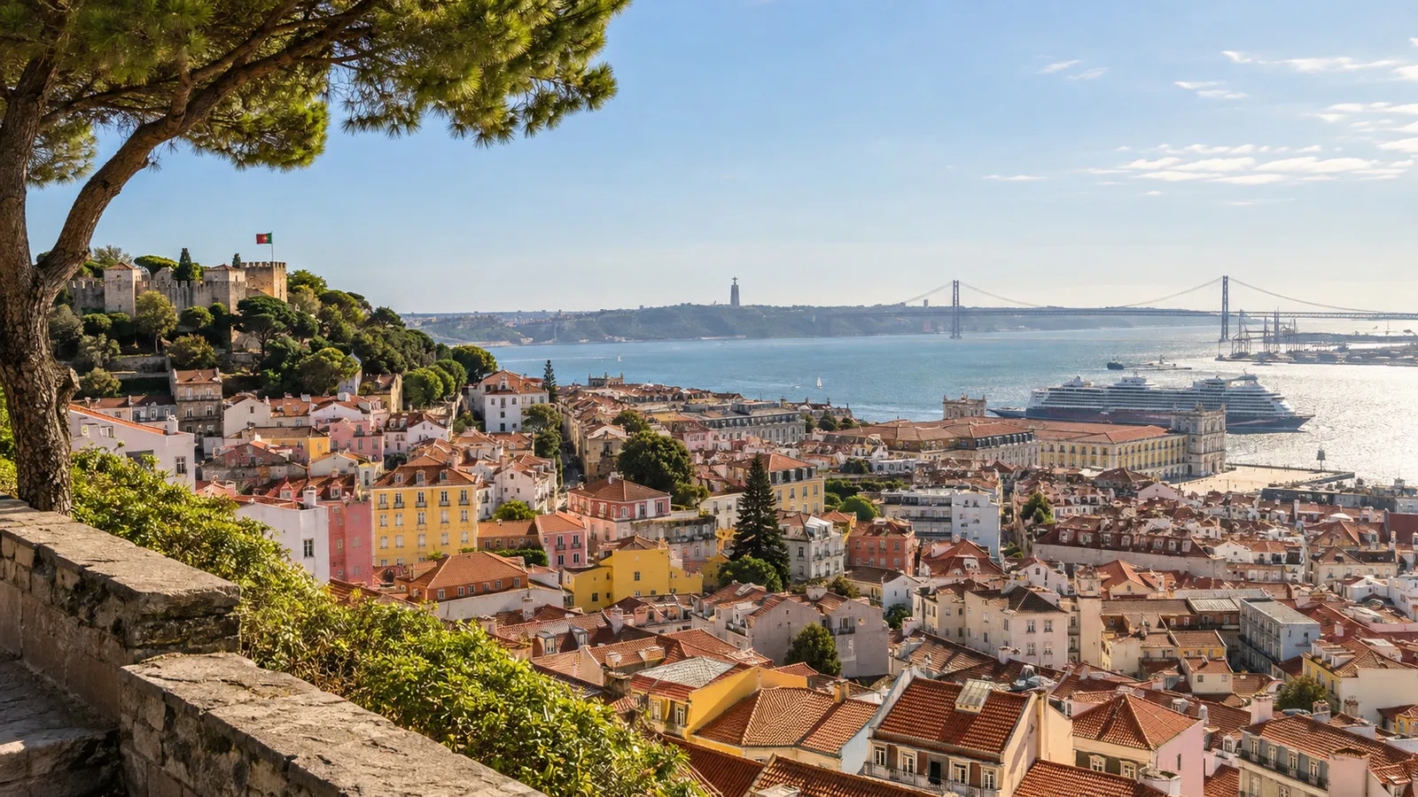 Lisbon rooftops and the Tagus riverfront seen from a scenic overlook before a Douro cruise