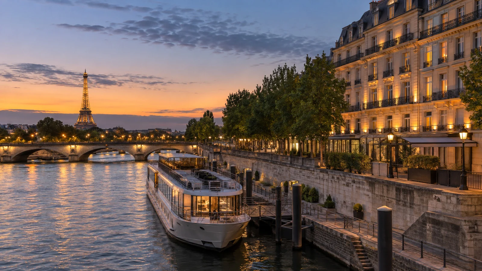 Paris Seine embankment and riverside hotel facade at dusk, illustrating a post-cruise stay