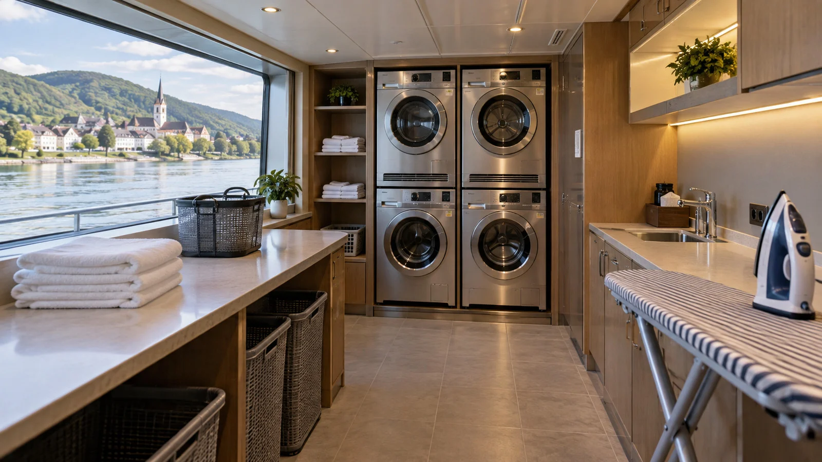 Empty self-service laundry room aboard a river cruise ship