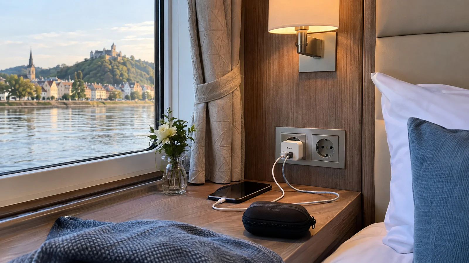European type C power outlets and USB chargers in a river cruise cabin