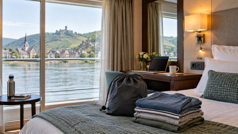 River cruise cabin with a small laundry bag and folded travel clothes