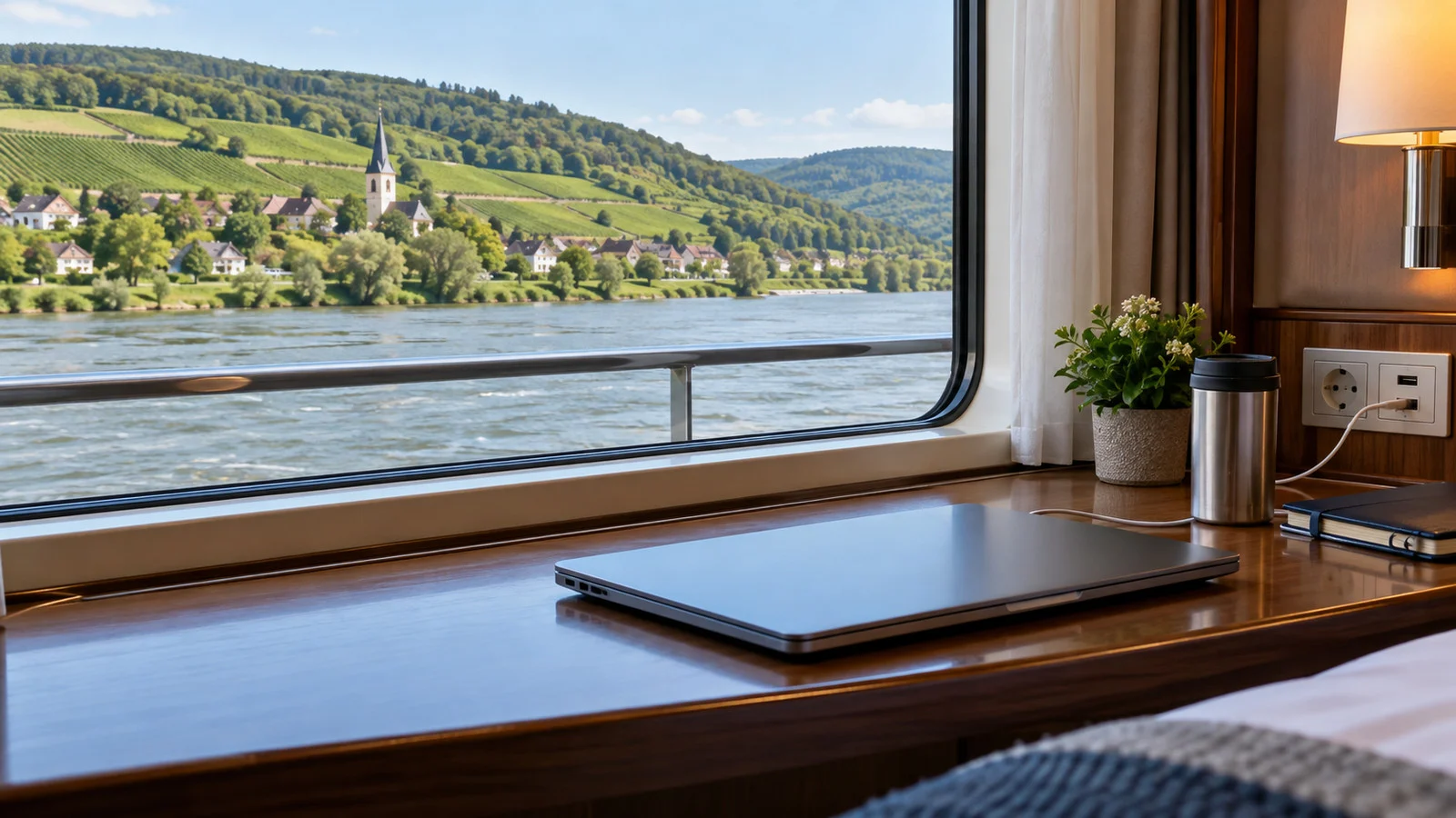 River cruise ship passing rural countryside while a closed laptop rests by a cabin window