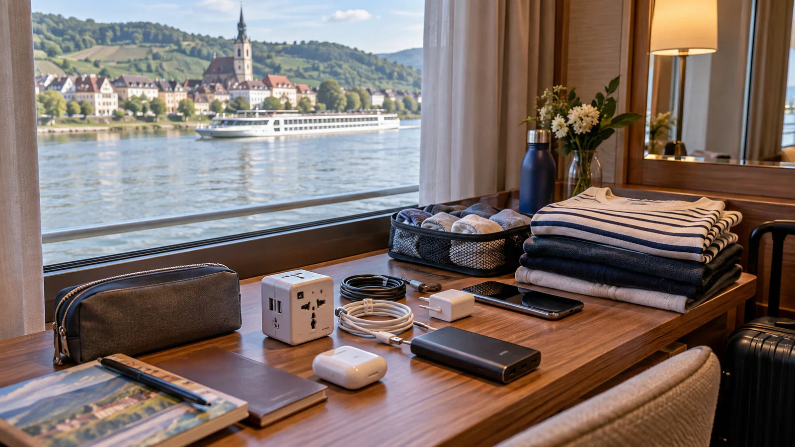 Travel adapter charger and neatly packed essentials on a river cruise cabin desk