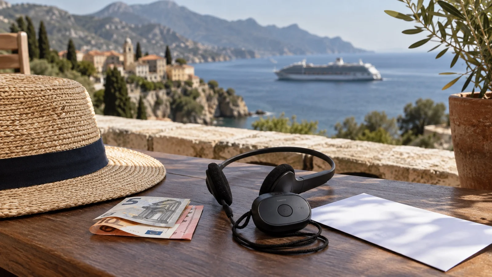 Small cash notes and guide headset before river cruise shore tour