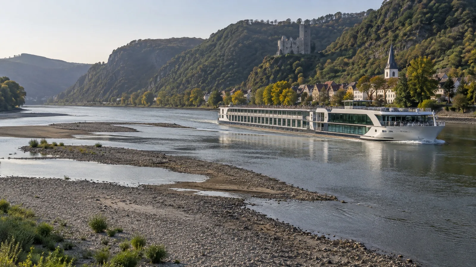 River cruise ship in shallow-water river landscape
