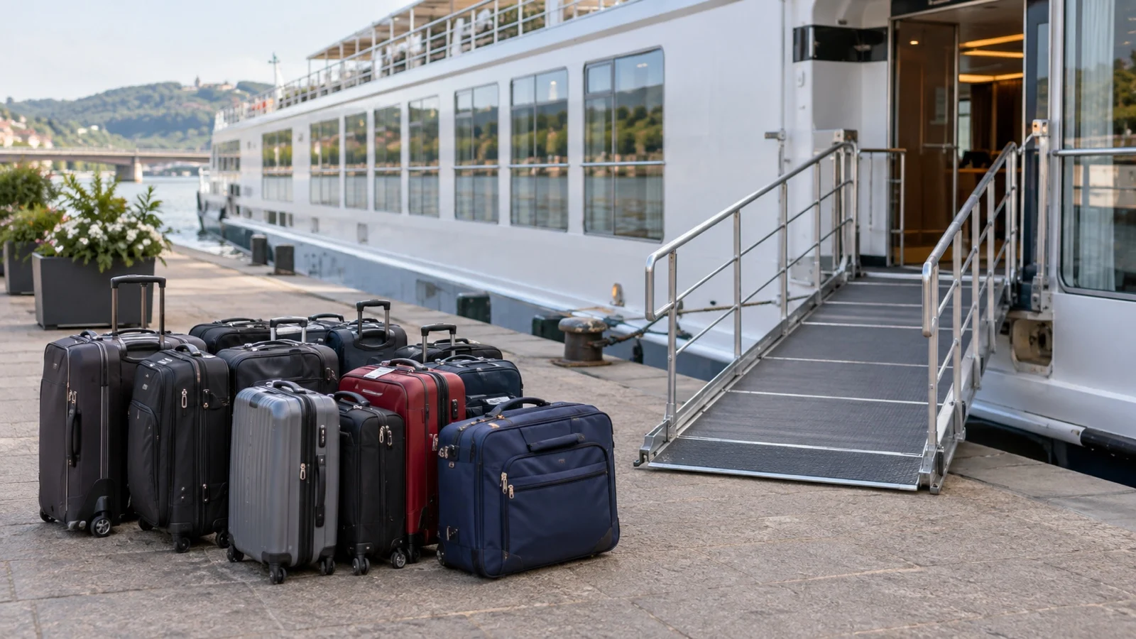 Stack of cruise luggage beside empty gangway
