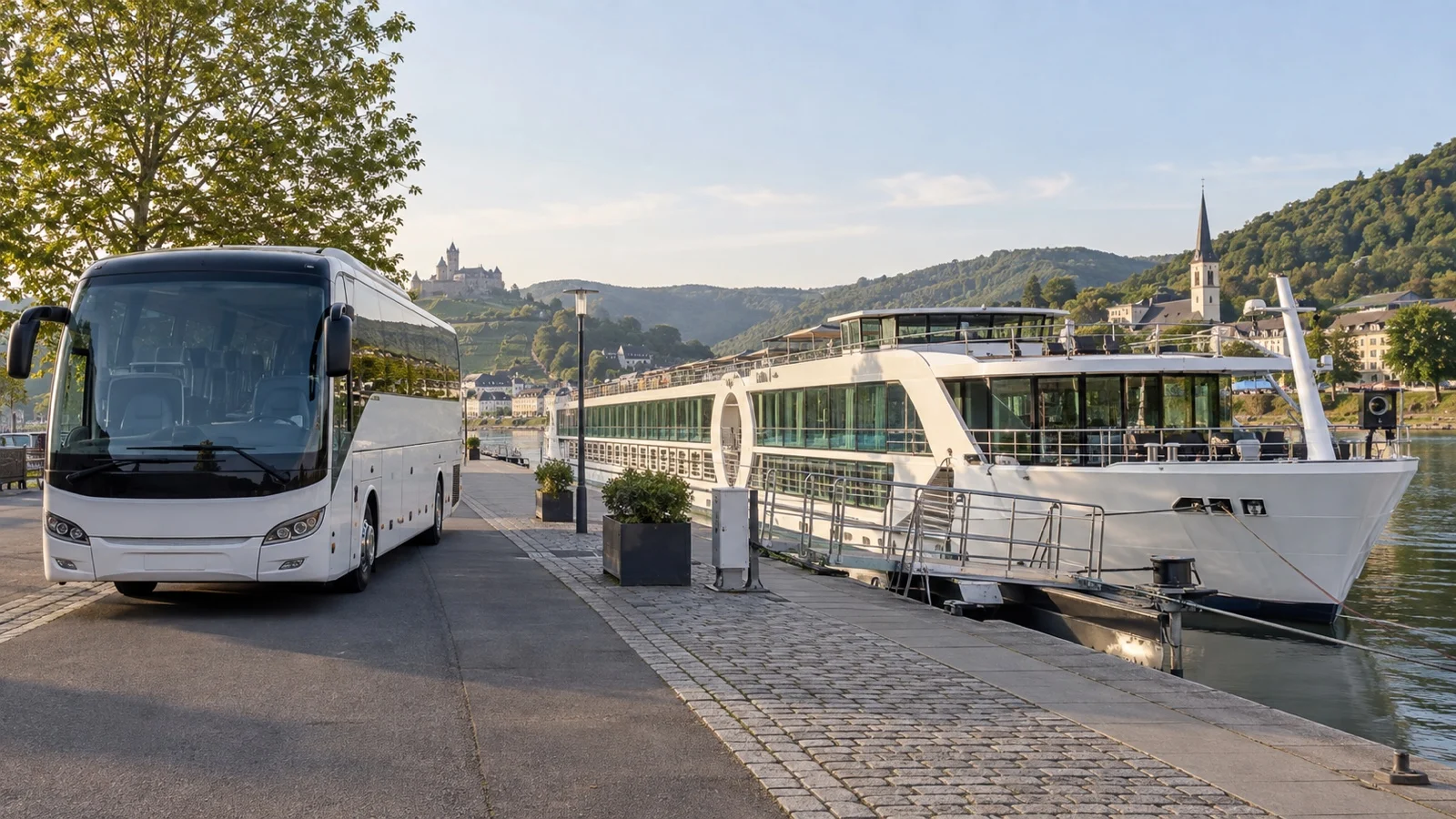 Tour motorcoach parked near river cruise ship
