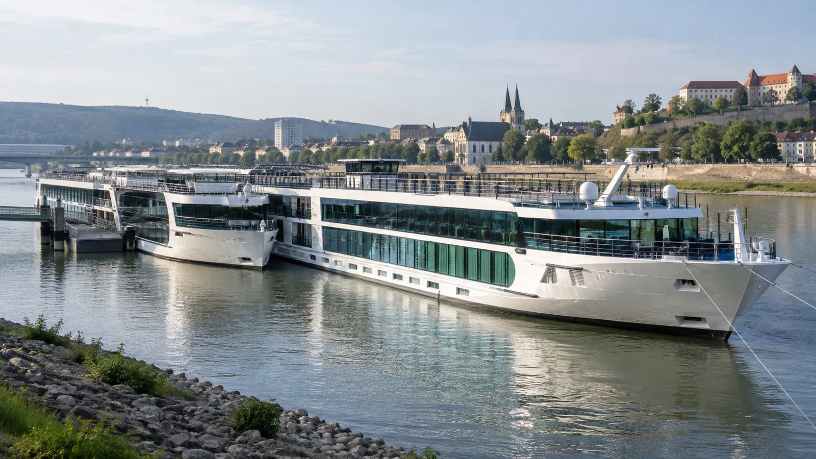 Outer river cruise ship alongside another ship