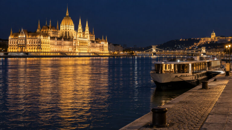 Budapest's illuminated Parliament beside the Danube at night with an empty riverside quay and moored river ship