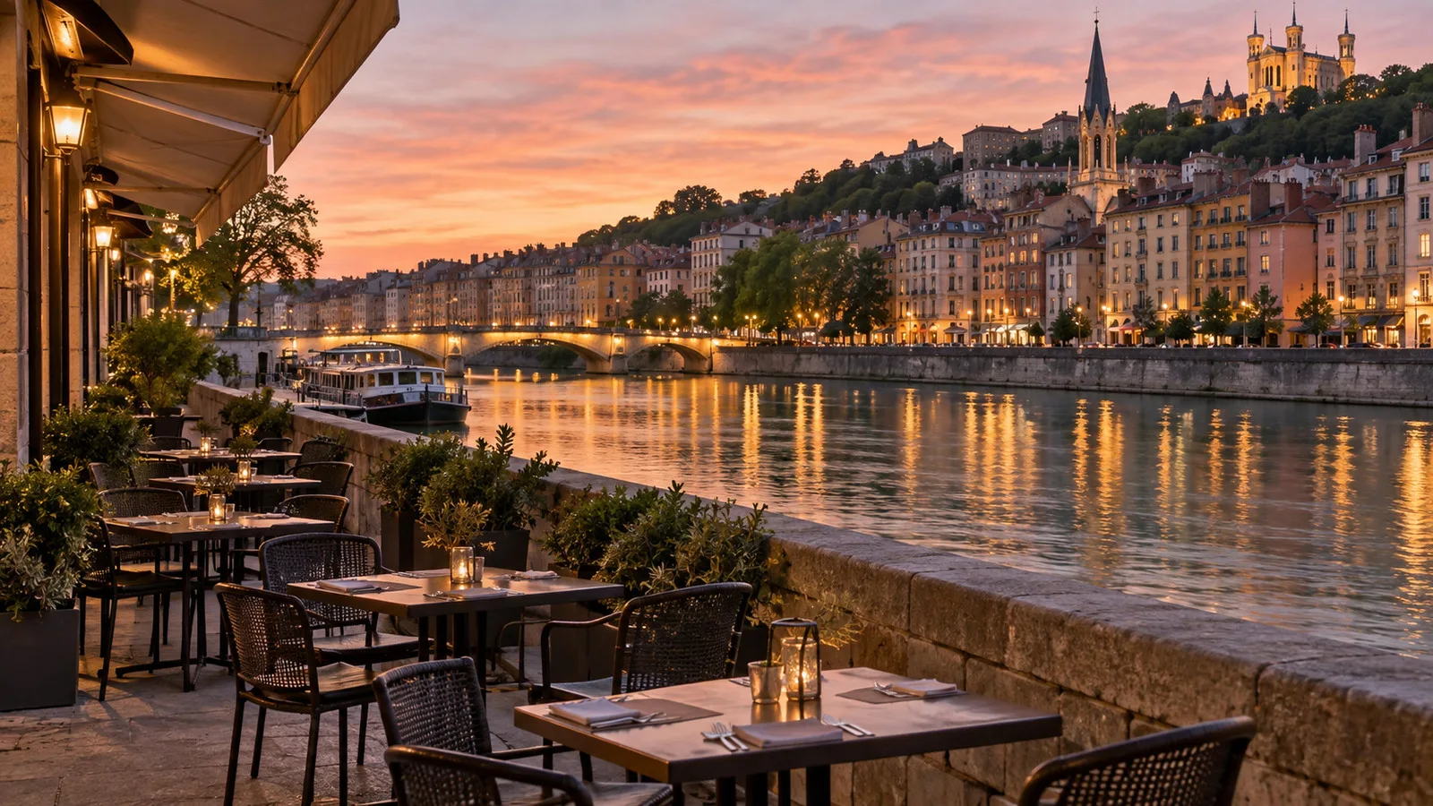 Lyon's Saone riverfront at dusk with old town facades and an empty riverside dining terrace