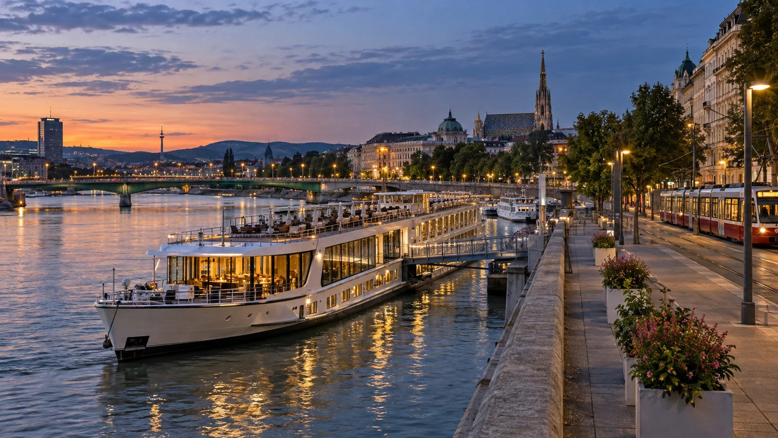 Vienna's evening riverside quay with a moored river cruise ship and tram line visible nearby