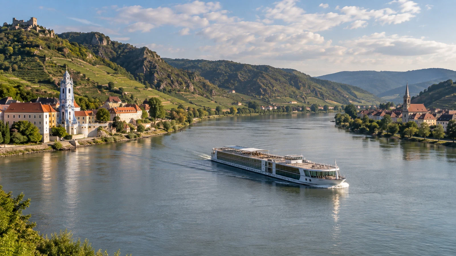 river cruise ship on the Wachau section of the Danube with villages visible on both banks