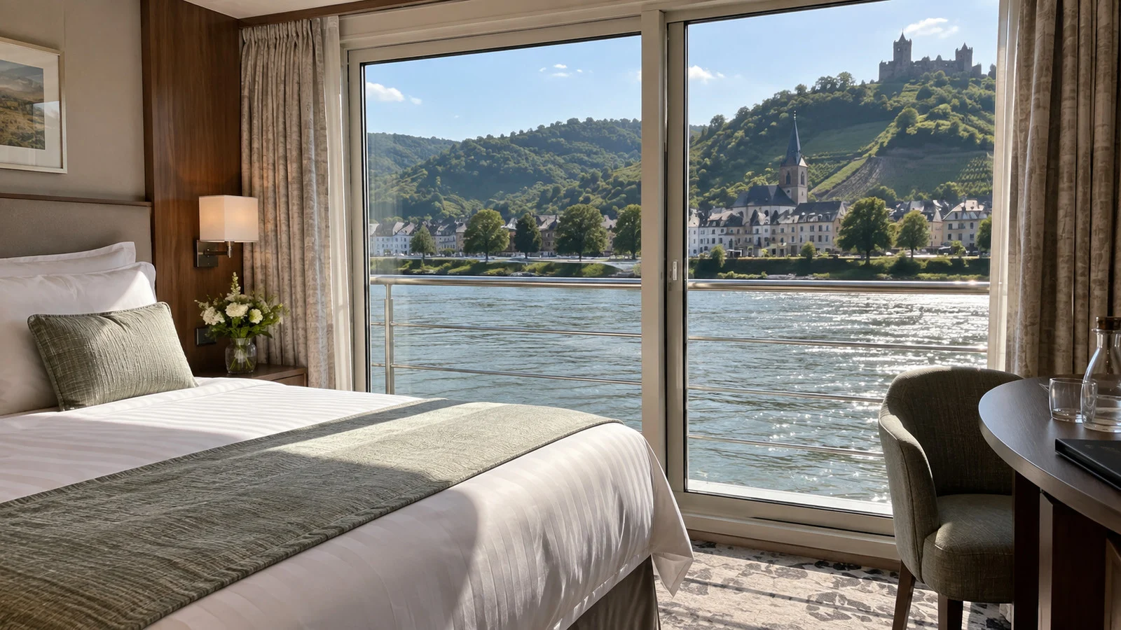 sunlit empty river cruise cabin with a French balcony and the riverbank visible outside