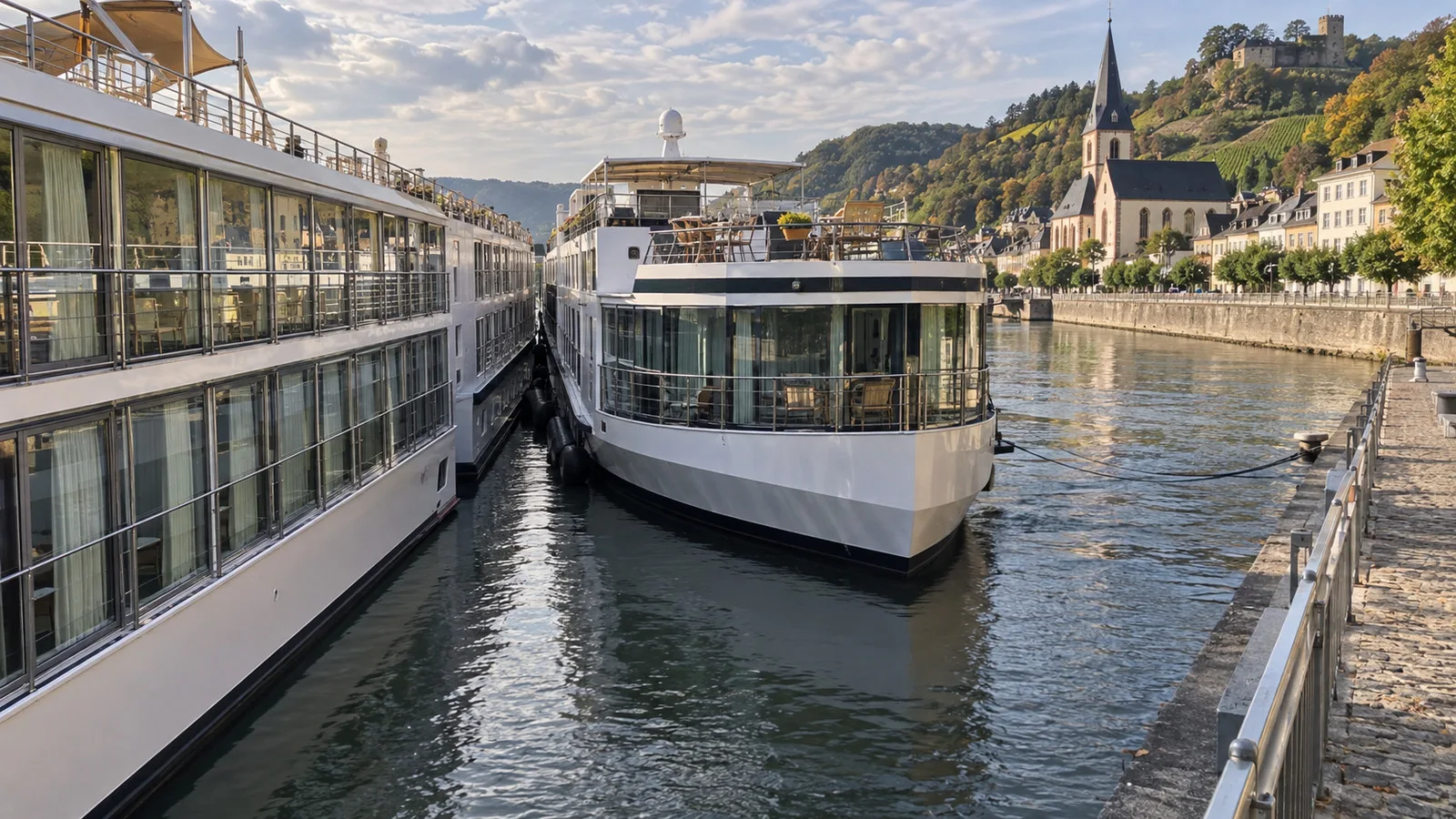two river cruise ships rafted side by side at an old European town quay, showing blocked cabin views