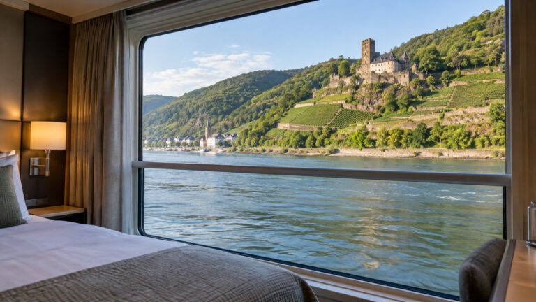 view from an empty river cruise cabin window over a Rhine castle and vineyard shore in daylight