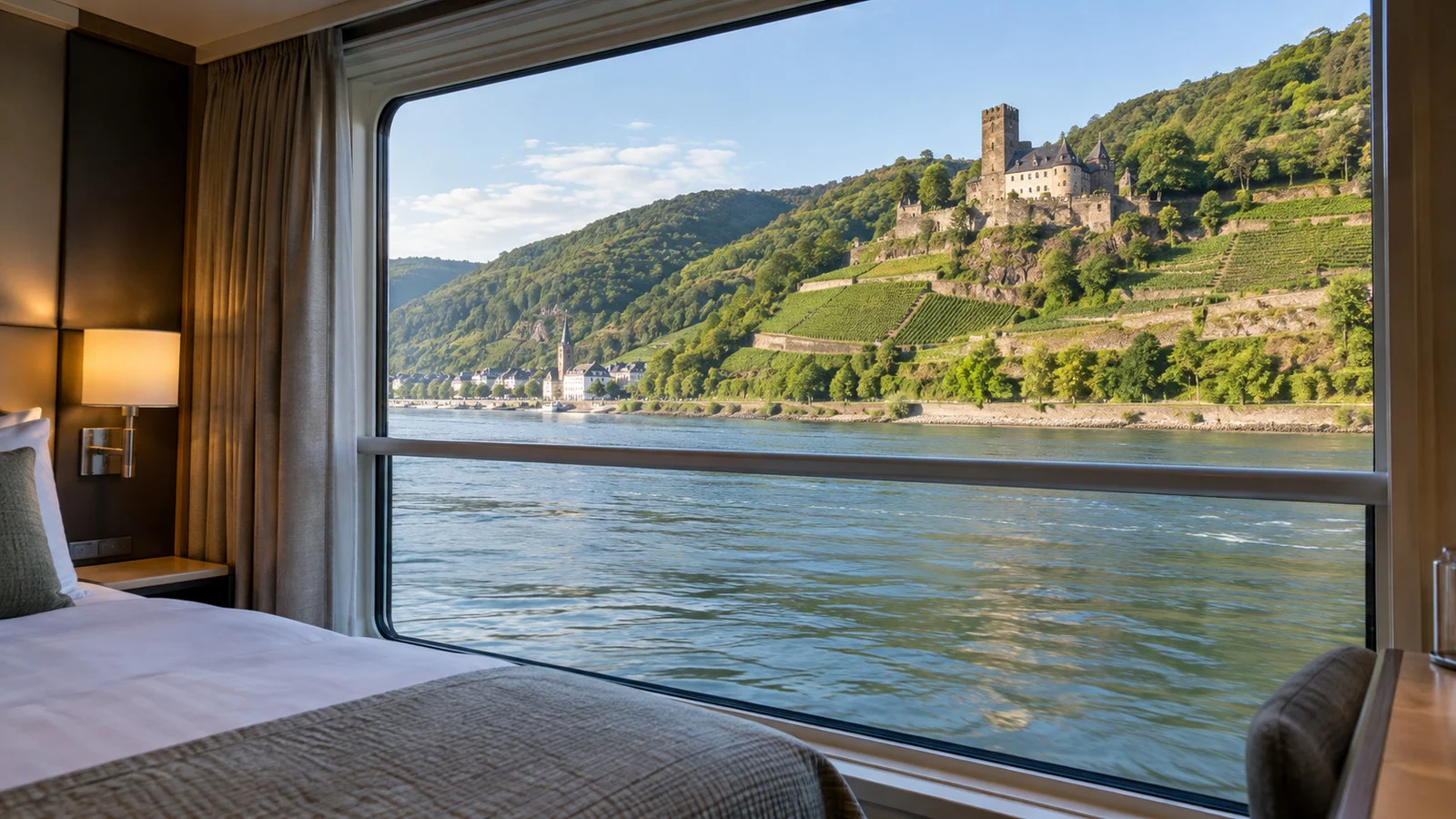 view from an empty river cruise cabin window over a Rhine castle and vineyard shore in daylight