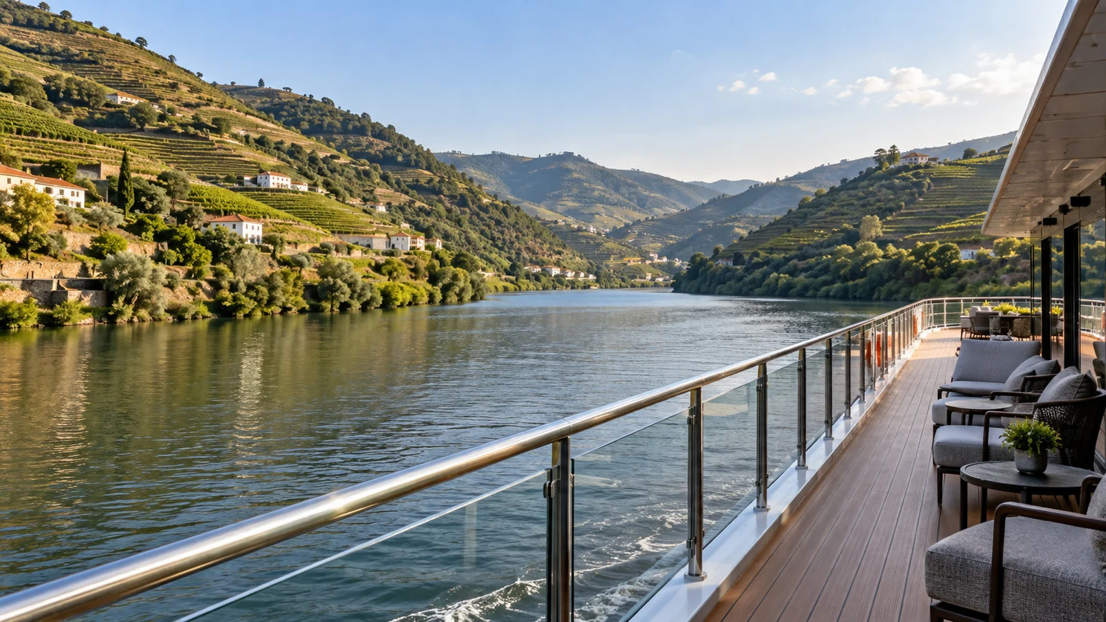 view from an empty river cruise deck of the Douro's terraced vineyards on both sides