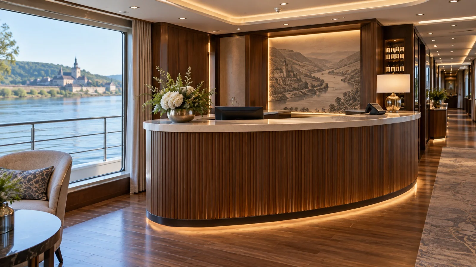 Empty river cruise reception desk where gratuities may be settled