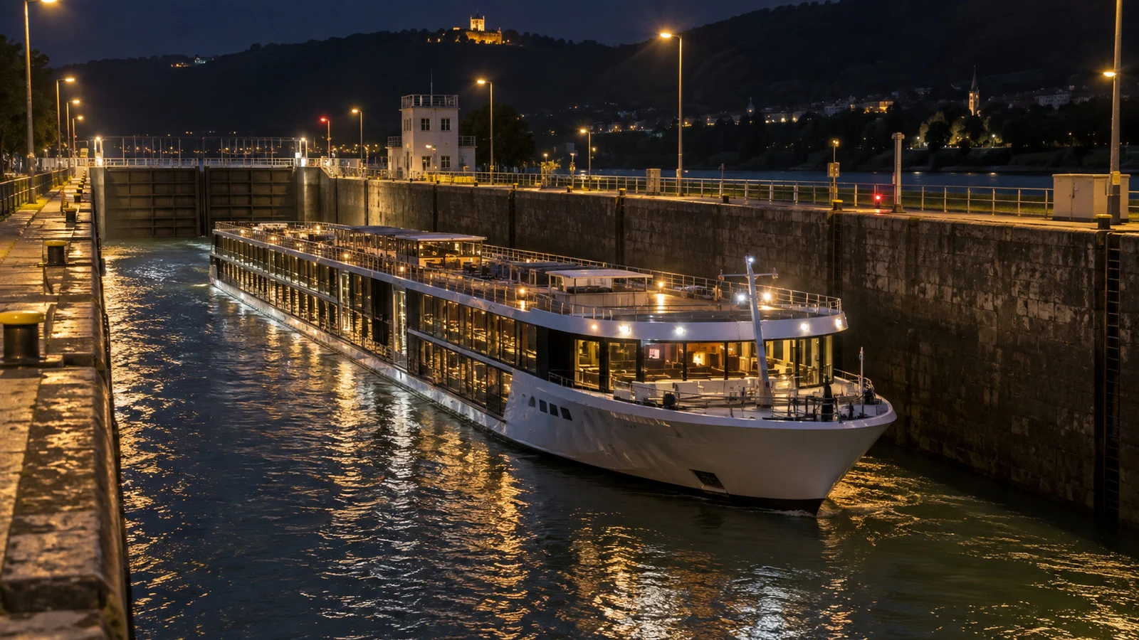a river cruise ship moving through a stone river lock at night with realistic safety lighting