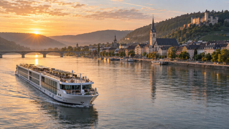a river cruise ship sailing a broad European river at dawn toward a historic town, warm morning light