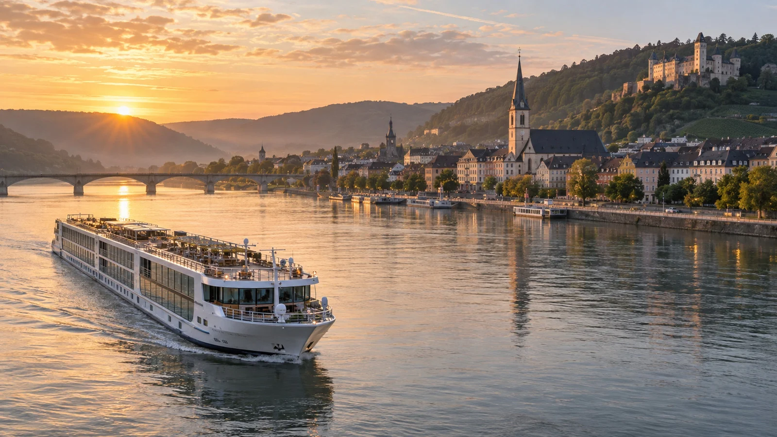 a river cruise ship sailing a broad European river at dawn toward a historic town, warm morning light