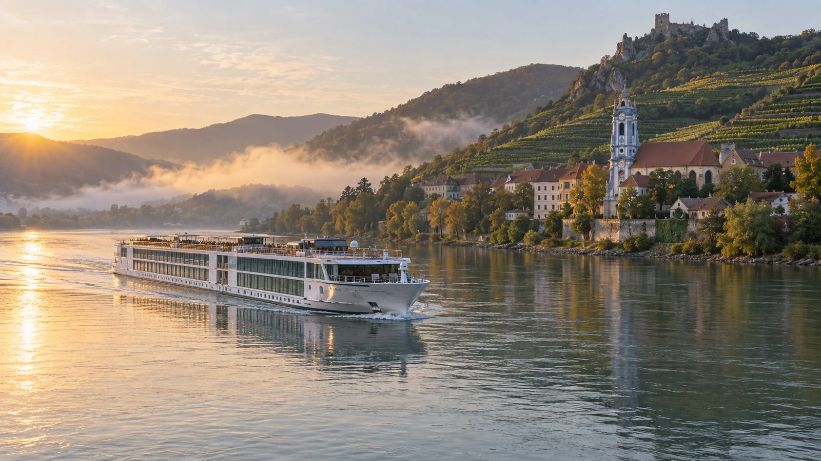 a river cruise ship sailing through Austria's Wachau Valley with vineyard slopes and church tower