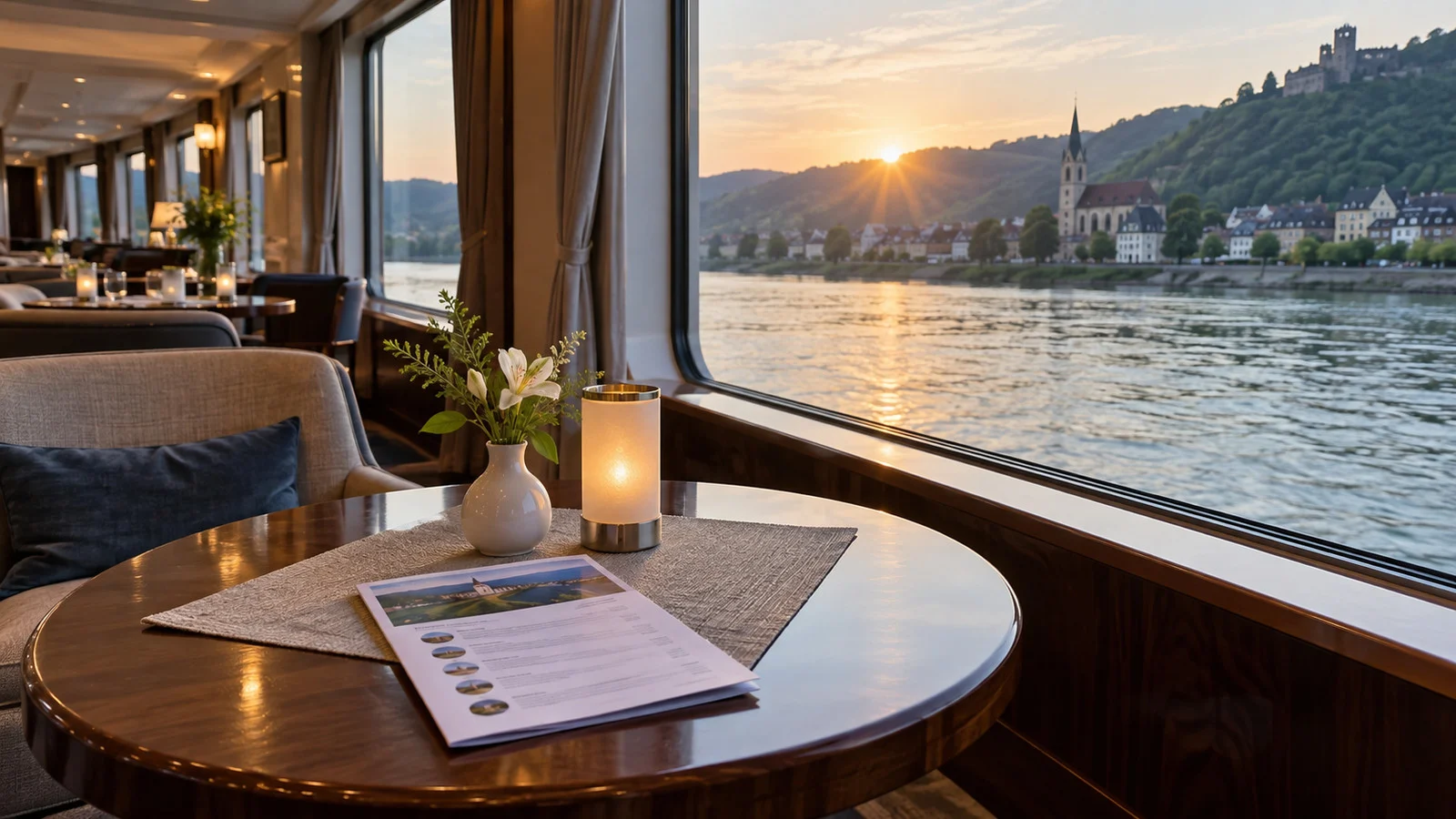 an empty river cruise lounge table beside large windows with a simple daily program paper, river visible outside and no readable text