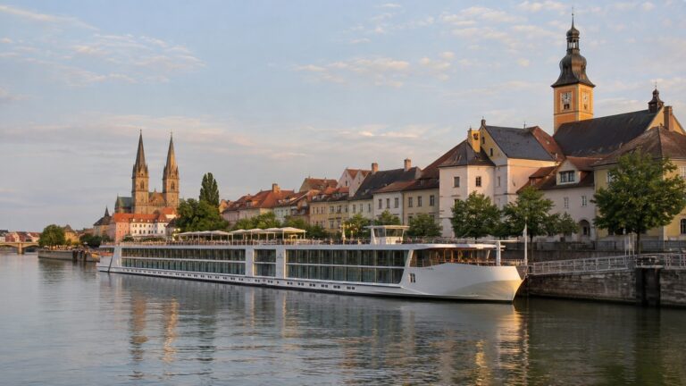 River cruise ship beside European city center