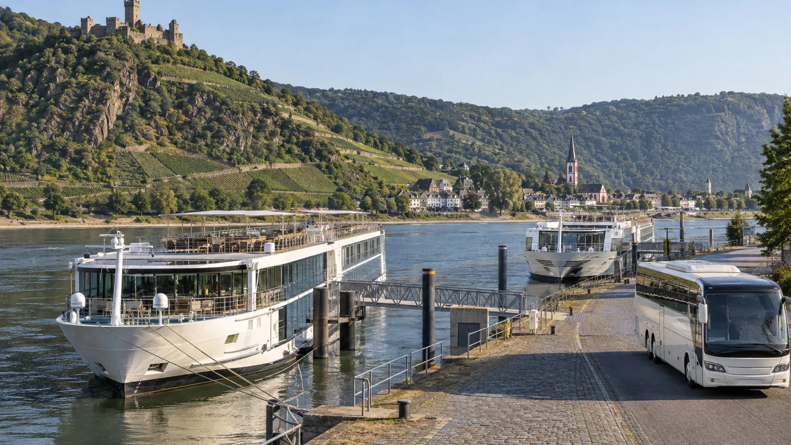 Two river cruise ships and parked motorcoach during itinerary disruption