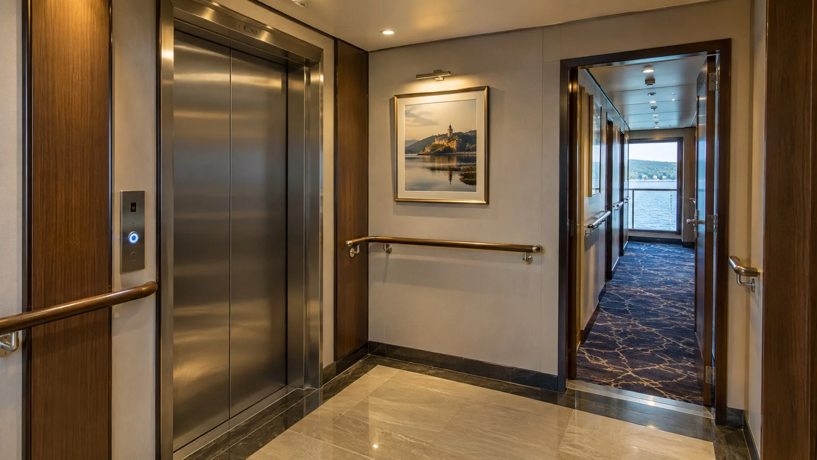 Compact elevator lobby aboard river cruise vessel