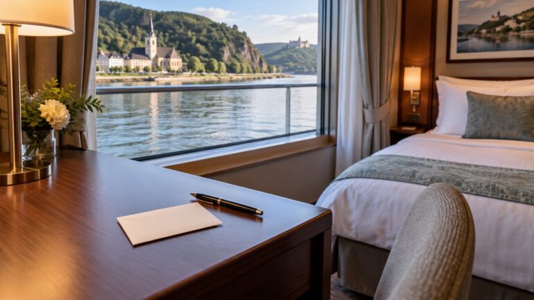 Unmarked gratuity envelope in empty river cruise cabin