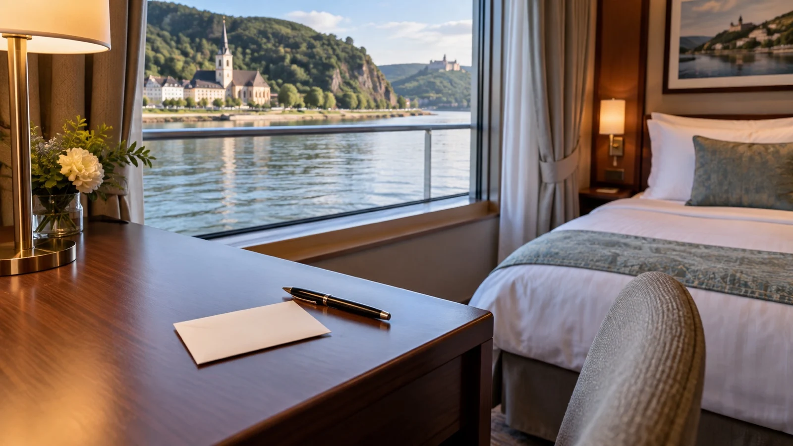 Unmarked gratuity envelope in empty river cruise cabin