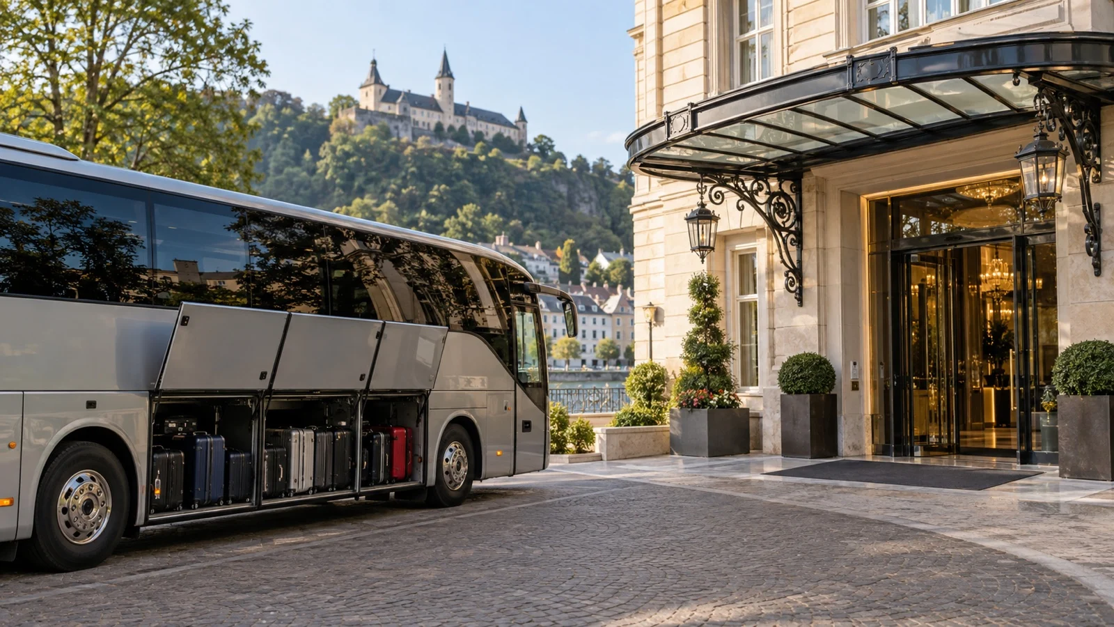 Touring coach parked beside a hotel with luggage compartments open before a river cruise transfer