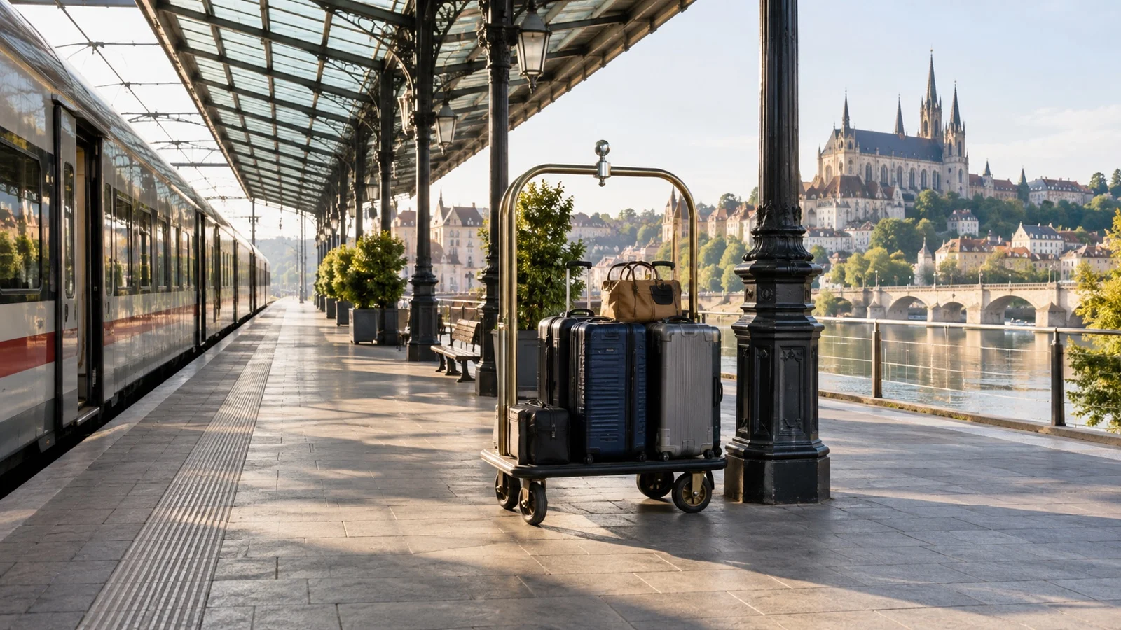 Empty European train platform with a stopped train and luggage trolley for a river cruise transfer