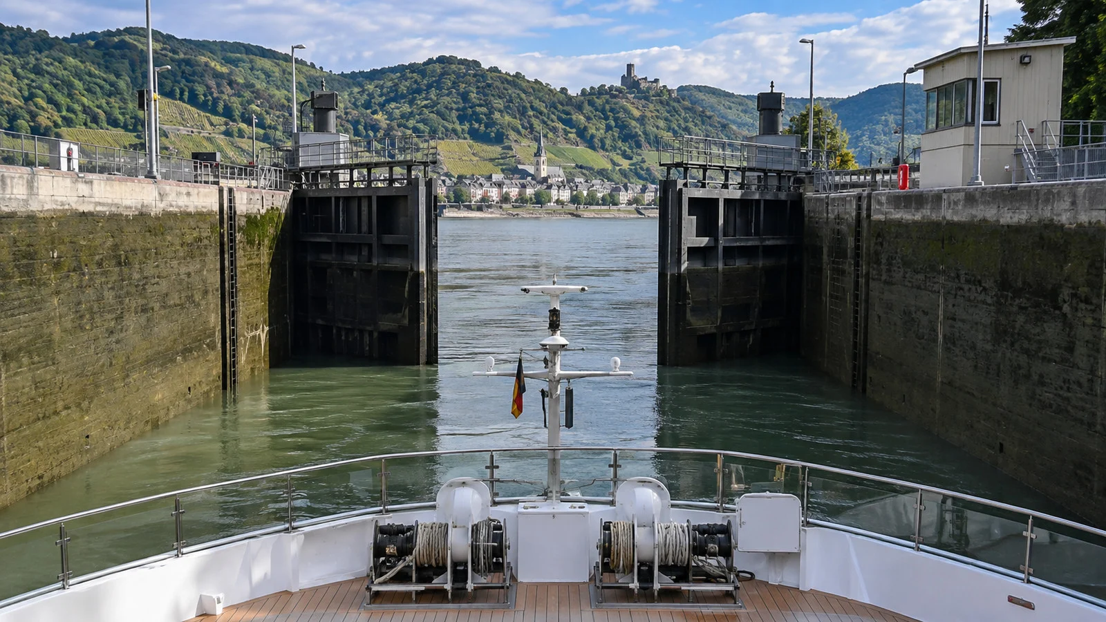 a river cruise ship navigating a European river lock, showing the narrow chamber and gates