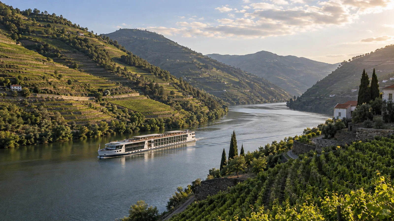 a river cruise ship on the Douro between steep terraced vineyards, seen in a wide valley view